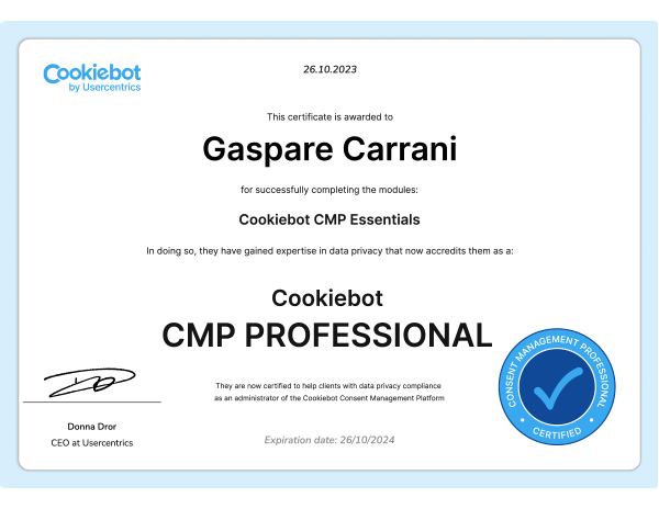 Immagine del Certificato Cookiebot Management Platform (CMP) Professional